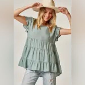 Jodifl Green Dotted Ruffle Sleeve Tiered Layered Baby Doll Blouse